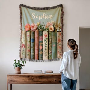 Custom Book Lovers Woven Blanket, Wildflowers Bookish Blanket, Bookshelf Blanket Gift for Bookworm, Gift for Booklover Woven Thow Blanket image 2