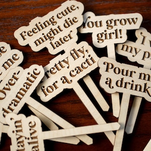 May include: A set of wooden plant markers with humorous sayings, including "Feeling cute, might die later", "You grow girl!" and "Pour me a drink".