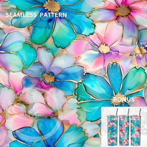 Dreamy Blue-Pink-Green Alcohol Ink Floral Seamless Pattern -Sublimation - 300dpi PNG - BONUS Tumbler Wrap - gift for her, alcohol ink design