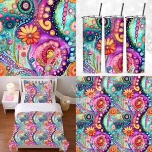 May include: A colorful and abstract pattern with swirls, dots, and flowers in shades of pink, purple, blue, green, and gold. The pattern is repeated on a tumbler, a pillow, and a duvet cover.