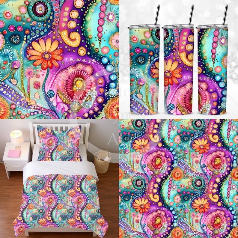 May include: A colorful and abstract pattern with swirls, dots, and flowers in shades of pink, purple, blue, green, and gold. The pattern is repeated on a tumbler, a pillow, and a duvet cover.