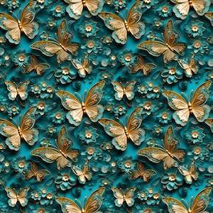 May include: A seamless pattern featuring gold and white butterflies with intricate details on a teal background. The butterflies are surrounded by white and teal paper flowers.