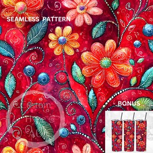 Op de afbeelding: Naadloze patroon met een rode achtergrond met kleurrijke bloemen, bladeren en krullen. Het patroon wordt herhaald over de hele afbeelding. De tekst "Seamless Pattern" is zichtbaar bovenaan de afbeelding. De afbeelding bevat ook drie bekers met hetzelfde patroon.
