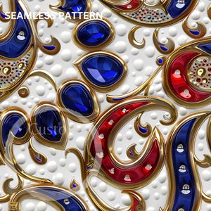 May include: A seamless pattern featuring intricate gold swirls and paisley shapes, adorned with sparkling blue and red gemstones. The background is a white textured surface.