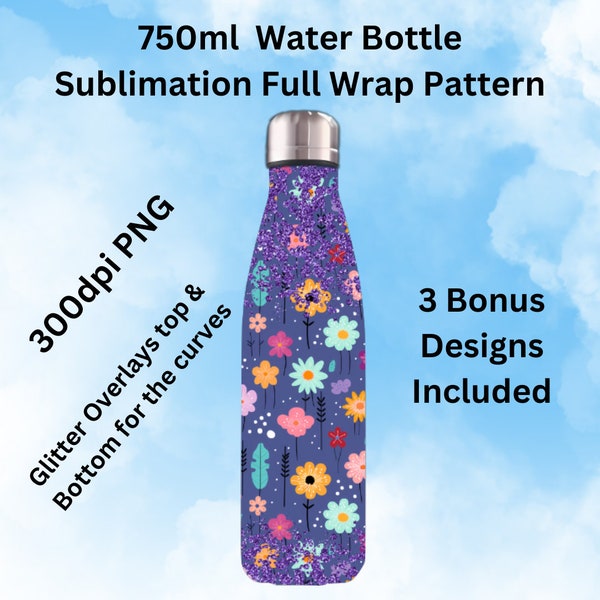 750ml (25oz) Cola Water Bottle Seamless Full Wrap for Sublimation - Purple Doodle Flowers with Glitter Overlay - 300dpi PNG - Commercial use