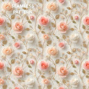 May include: A seamless pattern featuring a repeating floral design. The pattern includes roses in shades of pink, peach, and white, along with delicate brown stems and leaves. The words "SEAMLESS PATTERN" are displayed in white text.