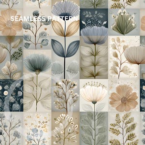 Peut inclure: Un motif sans couture présentant des éléments floraux et botaniques dans une mise en page en grille. Le motif comprend diverses fleurs et feuilles dans des tons sourds de beige, de bleu et de marron. Le texte "SEAMLESS PATTERN" est visible en haut.