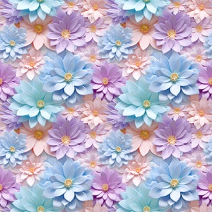 Soft Pastel 3d Flowers Seamless Digital Pattern for Sublimation and Print. 12"x12" 300dpi PNG download. Commercial use.