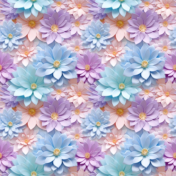 Soft Pastel 3d Flowers Seamless Digital Pattern for Sublimation and Print. 12"x12" 300dpi PNG download. Commercial use.