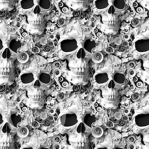 Puede incluir: Un patrón sin costuras que presenta calaveras blancas con intrincados detalles florales. Las calaveras están rodeadas de enredaderas en espiral y flores delicadas, creando un diseño gótico y elegante.