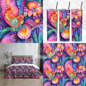 May include: A colorful abstract pattern with swirls, flowers, and jewels. The pattern is in shades of pink, purple, blue, yellow, and green. The pattern is repeated on a set of three tumblers and a duvet cover.
