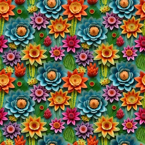 May include: A seamless pattern featuring a variety of colourful paper flowers in shades of blue, pink, orange, yellow, and green. The flowers are arranged in a repeating pattern on a teal background.