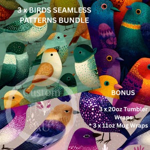 Op de afbeelding: Een levendige digitale kunstbundel met kleurrijke vogelpatronen. De afbeelding bevat de tekst "3 x BIRDS SEAMLESS PATTERNS BUNDLE" en "BONUS". Het vermeldt ook "3 x 20oz Tumbler Wraps" en "3 x 11oz Mug Wraps". De vogels zijn afgebeeld in tinten blauw, groen, paars, oranje en geel.