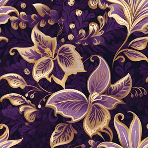 May include: A seamless pattern featuring intricate gold and purple floral designs. The flowers are stylized and have a delicate, almost ethereal quality. The background is a deep purple, creating a rich and luxurious feel.