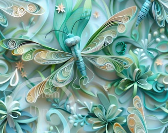 Könnte beinhalten: Nahaufnahme eines Papierhandwerks mit filigranen, mehrschichtigen Designs von Libellen und Blumen in Blautönen und Grüntönen.