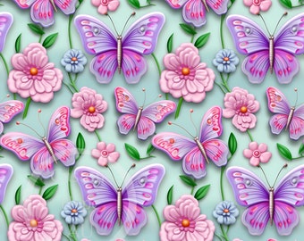 Puede incluir: Un patrón sin costuras con flores rosas y mariposas moradas sobre un fondo azul claro. Las mariposas tienen detalles rosas y están dispuestas en un patrón repetitivo.