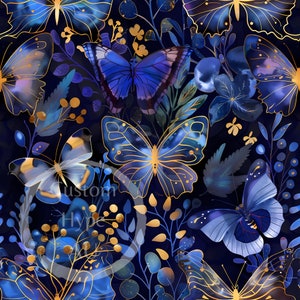 May include: A seamless pattern featuring blue and gold butterflies on a dark blue background. The butterflies have intricate details and are surrounded by gold floral elements.