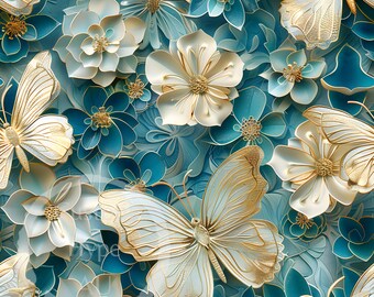 3d Seamless Pattern - Elegant Gold Butterflies on Teal Floral - Sublimation and Print - 300dpi PNG - gift for her, wedding, birthday