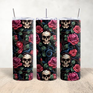 Skulls and Roses 20 oz Skinny Tumbler Sublimation Design, Straight Tumbler Wrap, Instant Digital Download PNG 300dpi