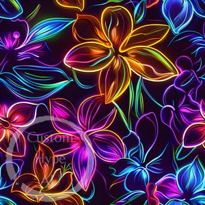 Neon Tropical Floral Seamless Pattern - Sublimation and Print - 300dpi PNG - tropical floral, neon floral, summer vibes, seamless, neon PNG