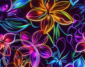 Neon Tropical Floral Seamless Pattern - Sublimation and Print - 300dpi PNG - tropical floral, neon floral, summer vibes, seamless, neon PNG