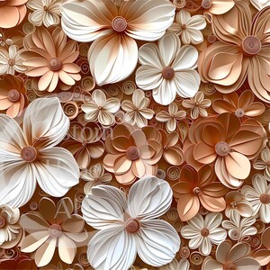 Pode incluir: Um close-up de uma obra de arte de parede feita de flores de papel. As flores são em tons de creme e marrom, e são dispostas em um padrão aleatório. As flores são de diferentes tamanhos e formas, e criam um design bonito e intrincado.