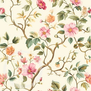 May include: A seamless pattern featuring delicate pink and orange flowers with green leaves on a cream background. The floral design is reminiscent of a vintage wallpaper or fabric.