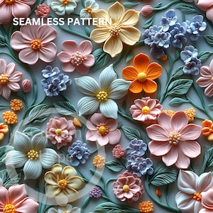 May include: A seamless pattern featuring a variety of colorful flowers, including pink, yellow, blue, and orange. The flowers are arranged in a random pattern on a light blue background. The text "SEAMLESS PATTERN" is visible at the top of the image.