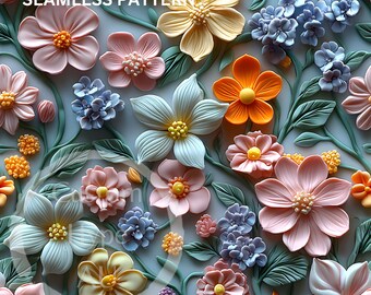Pode incluir: Um padrão sem costura com uma variedade de flores coloridas, incluindo rosa, amarelo, azul e laranja. As flores estão dispostas em um padrão aleatório sobre um fundo azul claro. O texto "SEAMLESS PATTERN" é visível na parte superior da imagem.