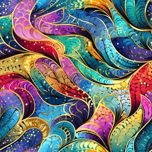 May include: Abstract seamless pattern with swirling, colorful, and gold-outlined shapes. The pattern features a variety of colors, including blue, green, purple, red, and yellow. The background is black.
