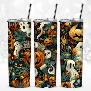 May include: Three Halloween-themed insulated tumblers with stainless steel straws. The tumblers feature a repeating pattern of jack-o'-lanterns, ghosts, spiders, and leaves in orange, black, and green. The design is set against a dark background.
