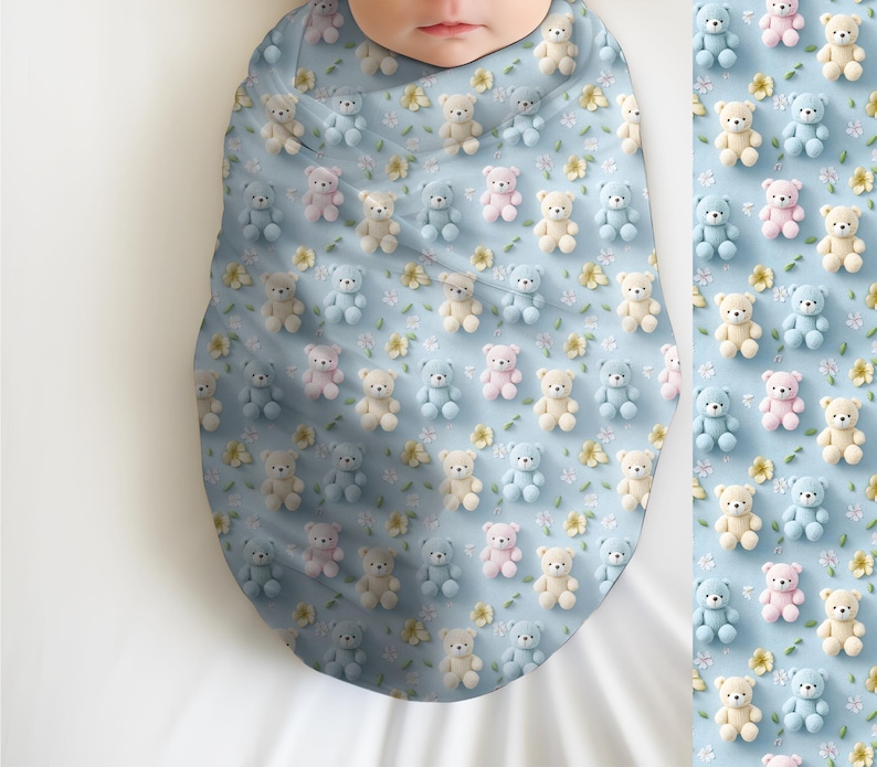 May include: A baby swaddled in a light blue blanket patterned with small teddy bears in pastel colors and yellow flowers. The blanket is wrapped around the baby, with a matching pattern visible on the side.