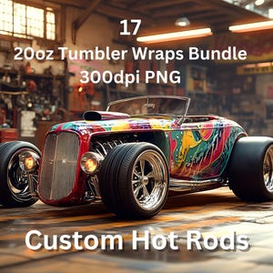 May include: A colorful custom hot rod with a vibrant paint job. The car has a 17 oz tumbler wrap bundle, 300 dpi PNG. The car is in a garage setting with a wooden floor.