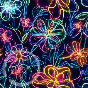 May include: A seamless pattern featuring neon pink, blue, yellow, and orange flowers on a black background. The flowers are drawn with thin lines, creating a modern and abstract look.