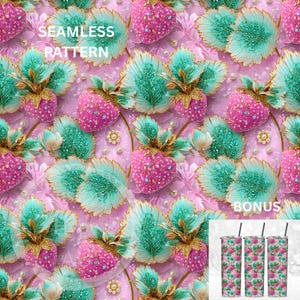 Puede incluir: Un patrón sin costuras con fresas rosas con detalles dorados y hojas turquesas sobre un fondo rosa. El texto "SEAMLESS PATTERN" es visible. La imagen también incluye un bono de tres vasos con el mismo diseño de fresa.