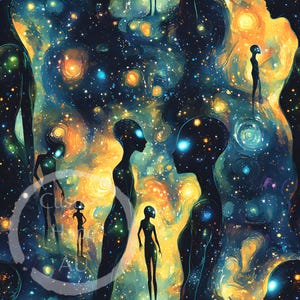 May include: Silhouettes of grey alien figures against a swirling, colorful background of nebulae and stars. The background is a mix of blues, yellows, and oranges.