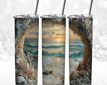 20oz Tumbler Wrap - 3d Magical Ocean View through a Sea Cave - Sublimation - ocean tumbler, coastal, turtle, shells, 3d view - comm. use