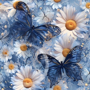 Farfalle di vetro blu su margherite Modello digitale senza cuciture - Sublimazione e stampa - PNG 300 dpi - Modello in tessuto - Uso commerciale