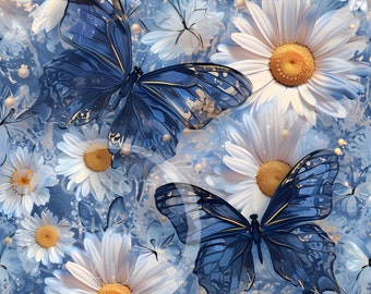 Blue Glass Butterflies on Daisies Digital Seamless Pattern - Sublimation & Print - 300dpi PNG - Fabric Pattern - Comm. use
