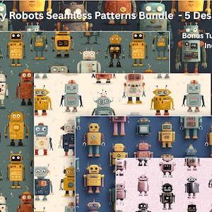 Könnte beinhalten: Ein Bundle von fünf nahtlosen Mustern mit freundlichen Roboterdesigns in verschiedenen Farben. Die Muster umfassen verschiedene Roboterstile und eignen sich für verschiedene Projekte. Bonus-Becherverpackungen sind ebenfalls enthalten.