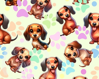 Seamless Pattern - Cute Dachshunds on Pastel Yellow - Sublimation and Print - 300dpi PNG 12x12 - tiled & untiled - nursery, home decor,