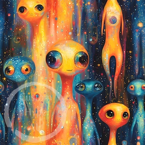 May include: A digital painting of colourful, cartoon-like aliens with large eyes and smiling faces. The aliens are set against a dark blue background with white stars and streaks of orange and yellow.