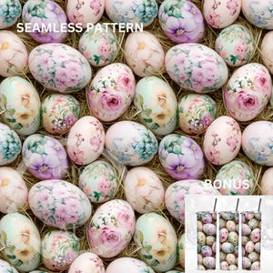 Può includere: Un motivo senza cuciture di uova di Pasqua rosa pastello, blu e verdi con motivi floreali. Le uova sono disposte in un motivo casuale su uno sfondo di paglia. Il testo "SEAMLESS PATTERN" è nella parte superiore dell'immagine. La parte inferiore dell'immagine mostra tre bicchieri in acciaio inossidabile con lo stesso motivo di uovo floreale. Il testo "BONUS" è sopra i bicchieri.