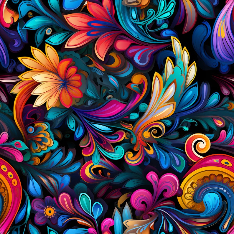 Vibrant Retro Paisley Seamless Digital Pattern - 300dpi PNG - Etsy