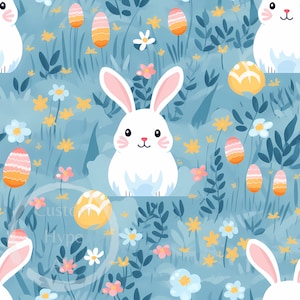 May include: A repeating pattern featuring white bunnies, Easter eggs, and flowers on a blue background. The bunnies have pink ears and cheeks. The eggs are decorated with orange and pink stripes. Yellow and white flowers are scattered throughout.