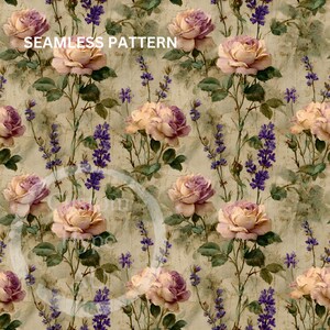 May include: Seamless pattern featuring watercolor roses in shades of pink and peach, interspersed with sprigs of purple lavender. The design includes the text "SEAMLESS PATTERN" and is set against a vintage-style background.