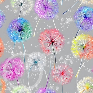 May include: A seamless pattern featuring colorful dandelion seeds blowing in the wind on a gray background.