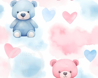 Watercolour Pink & Blue Teddy Bears Seamless Pattern - Sublimation and Print - 300dpi PNG - gender reveal - baby shower - nursery - comm use