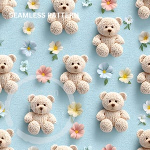 3d Beige Knitted Teddy Bears on Blue Background Seamless Pattern - Sublimation and Print - 300dpi PNG -  baby shower design, gender revel