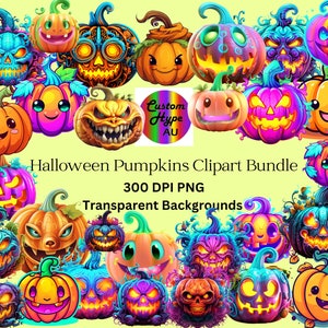 Vibrant & Eclectic Halloween Pumpkins Clipart Bundle for Sublimation and Print - 300 DPI -  PNG files - Commercial use